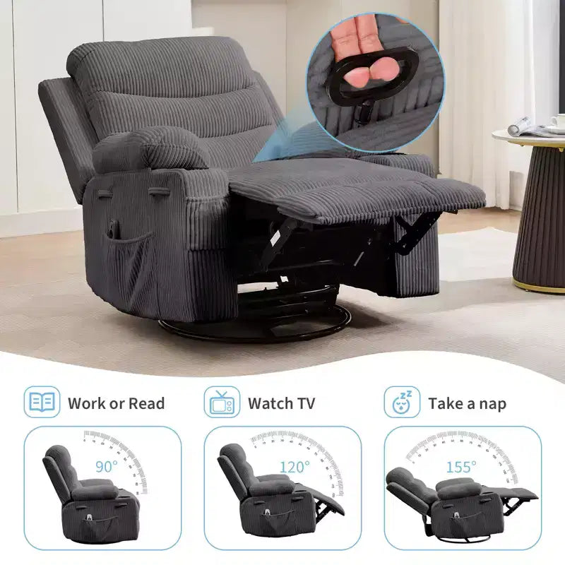 Poltrona reclinabile girevole a 360° per neonati - Sedia a dondolo oversize con massaggio e calore, poltrona reclinabile per piccoli spazi, cameretta dei bambini, camera da letto, soggiorno