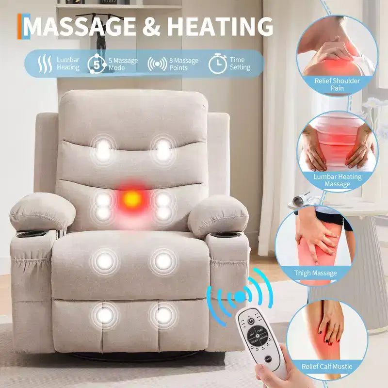 Poltrona reclinabile girevole a 360° per neonati - Sedia a dondolo oversize con massaggio e calore, poltrona reclinabile per piccoli spazi, cameretta dei bambini, camera da letto, soggiorno