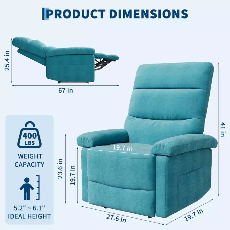 COZONY Poltrona reclinabile per adulti, reclinabile manuale in tessuto con tasca laterale, divano singolo ergonomico regolabile per piccoli soggiorni, camerette, camere da letto