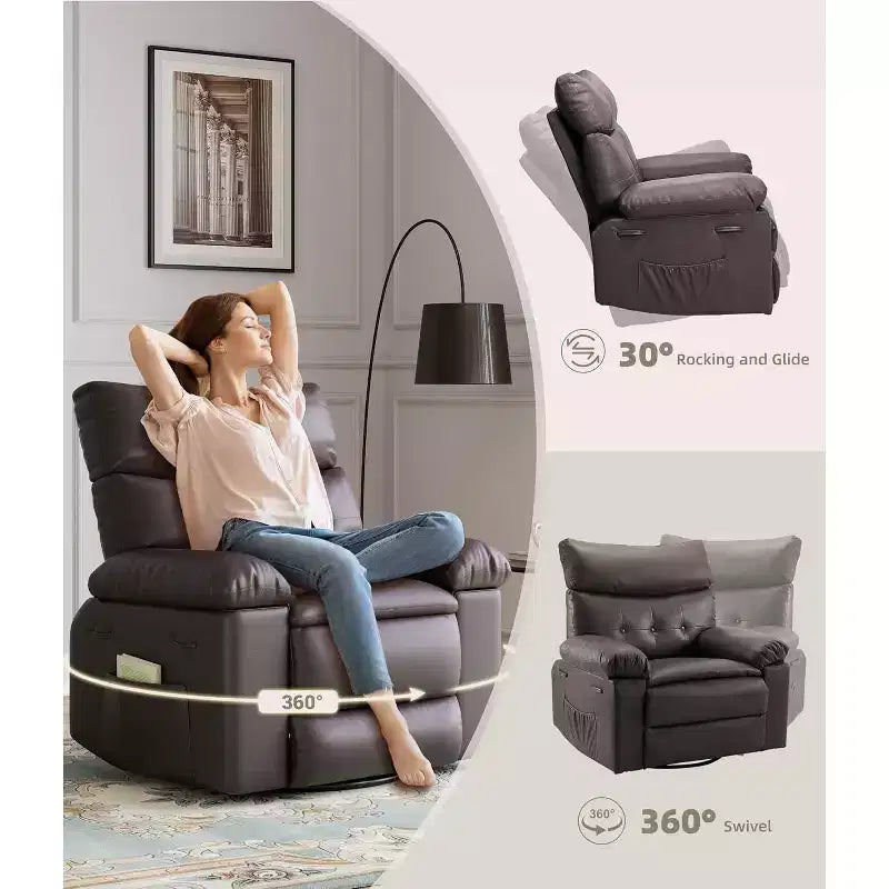 Poltrona reclinabile girevole Rocker Oversize - Poltrona reclinabile manuale in ecopelle PU, poltrona relax con braccioli e schienale imbottiti per soggiorno, camera da letto