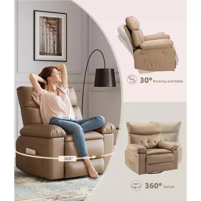 Poltrona reclinabile girevole Rocker Oversize - Poltrona reclinabile manuale in ecopelle PU, poltrona relax con braccioli e schienale imbottiti per soggiorno, camera da letto