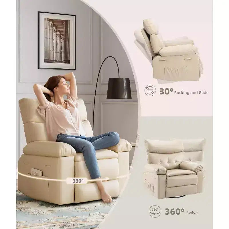 Poltrona reclinabile girevole Rocker Oversize - Poltrona reclinabile manuale in ecopelle PU, poltrona relax con braccioli e schienale imbottiti per soggiorno, camera da letto