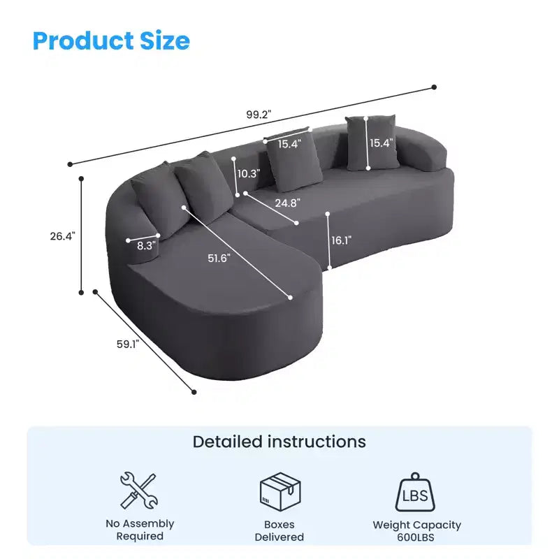 Mjkone Divano componibile a L in ciniglia da 99" con chaise longue curva Divano moderno Cloud a 3 posti