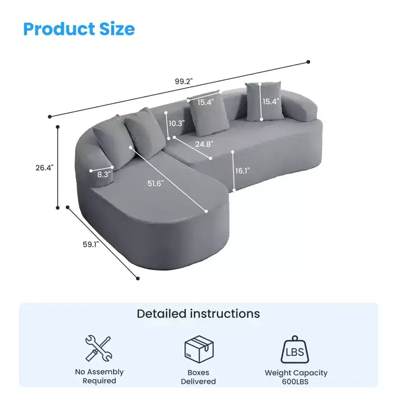 Mjkone Divano componibile a L in ciniglia da 99" con chaise longue curva Divano moderno Cloud a 3 posti