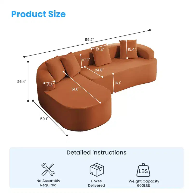 Mjkone Divano componibile a L in ciniglia da 99" con chaise longue curva Divano moderno Cloud a 3 posti