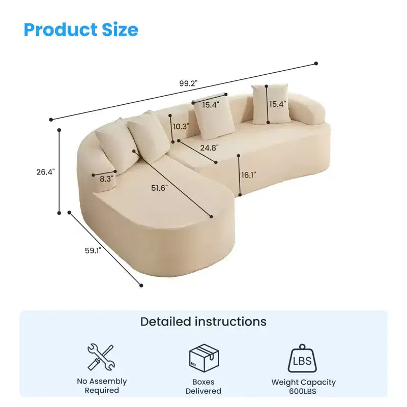 Mjkone Divano componibile a L in ciniglia da 99" con chaise longue curva Divano moderno Cloud a 3 posti