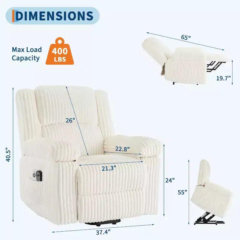 Poltrona Reclinabile con Sollevamento Elettrico, Calore e Massaggio, Recliner Elettrico con Sedile Imbottito e 2 Tasche Laterali, Poltrona Singola per Soggiorno