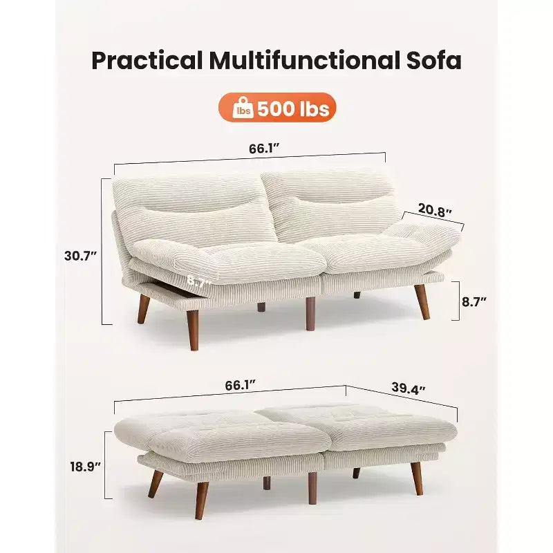 Divano letto in velluto a coste da 66 pollici con schienale e braccioli regolabili, adatto a piccoli spazi, soggiorni o uffici come divano futon convertibile.