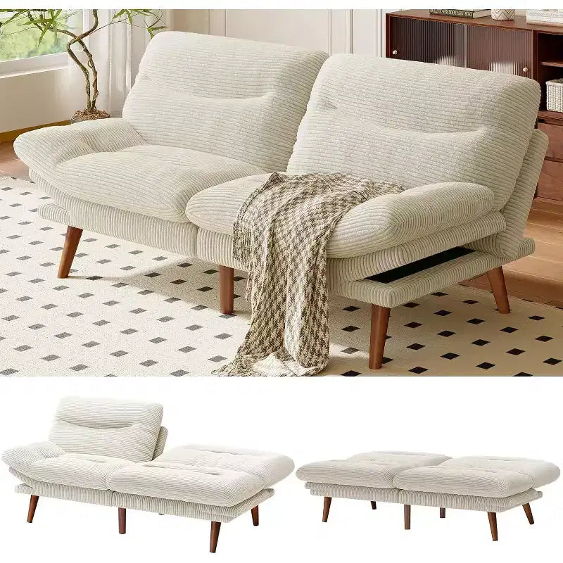 Divano letto in velluto a coste da 66 pollici con schienale e braccioli regolabili, adatto a piccoli spazi, soggiorni o uffici come divano futon convertibile.