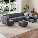 91 Modular Sectional Sofa, Cloud Sectional Couch with 9 Deep Seat,9 Seat with Storage & Chaise, U-Shaped Velvet Couch, for Living Room, Blue