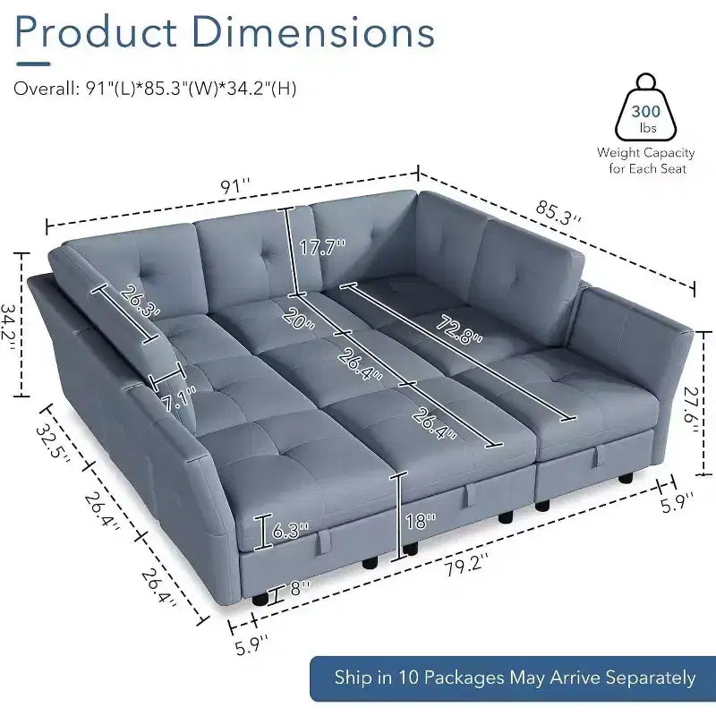 Divano componibile modulare 91, divano sezionale Cloud con 9 sedute profonde, 9 posti con contenitore e chaise longue, divano a U in velluto, per soggiorno, blu