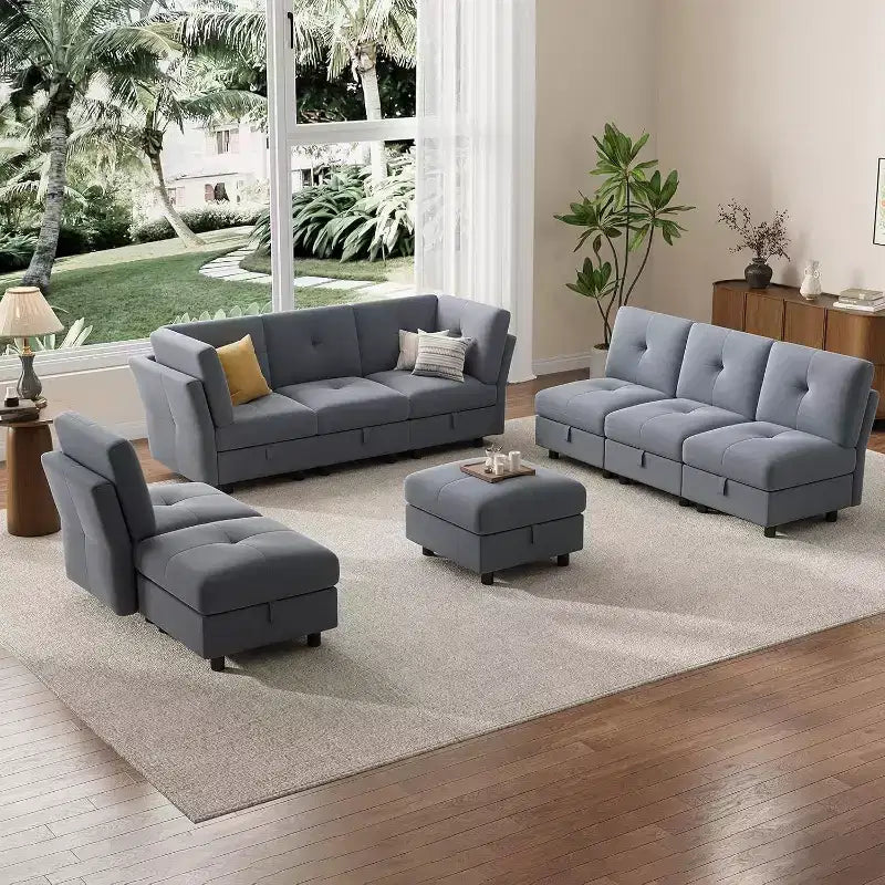 Divano componibile modulare 91, divano sezionale Cloud con 9 sedute profonde, 9 posti con contenitore e chaise longue, divano a U in velluto, per soggiorno, blu