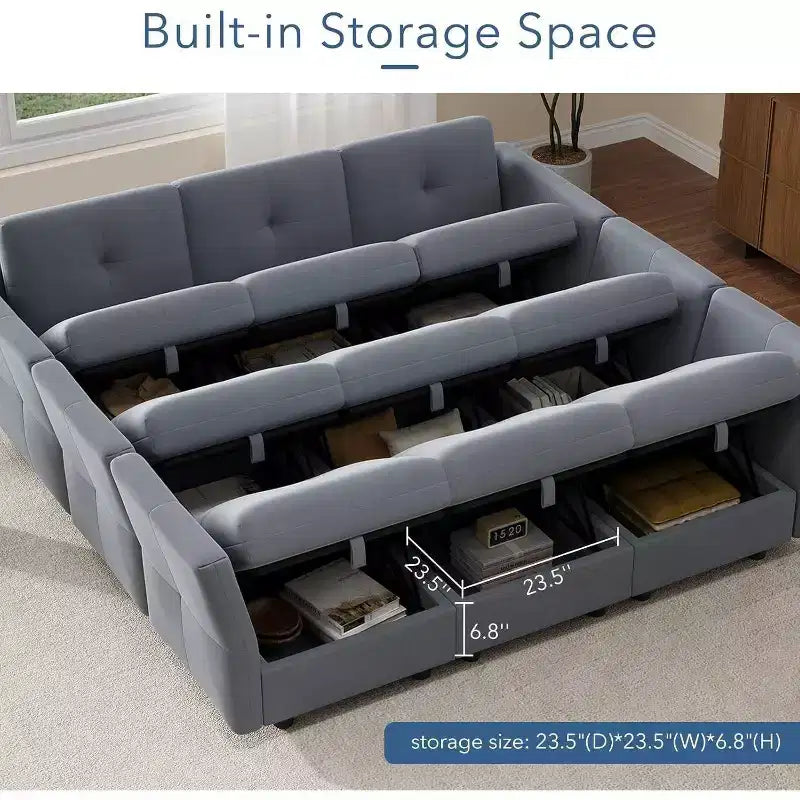 Divano componibile modulare 91, divano sezionale Cloud con 9 sedute profonde, 9 posti con contenitore e chaise longue, divano a U in velluto, per soggiorno, blu