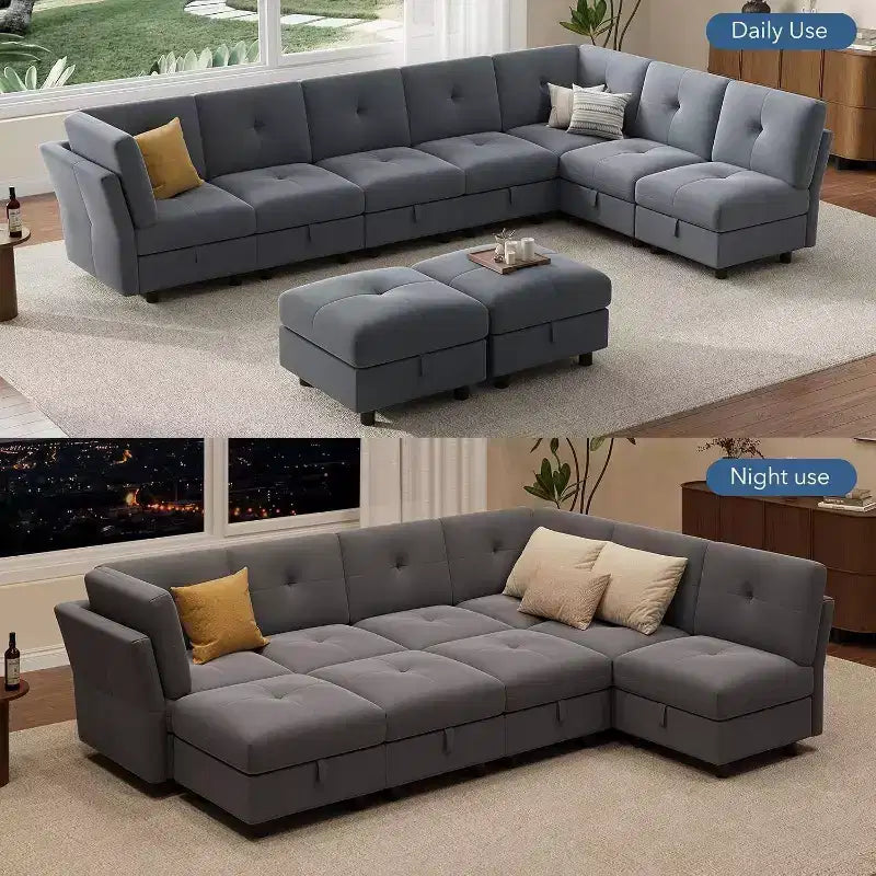 Divano componibile modulare 91, divano sezionale Cloud con 9 sedute profonde, 9 posti con contenitore e chaise longue, divano a U in velluto, per soggiorno, blu