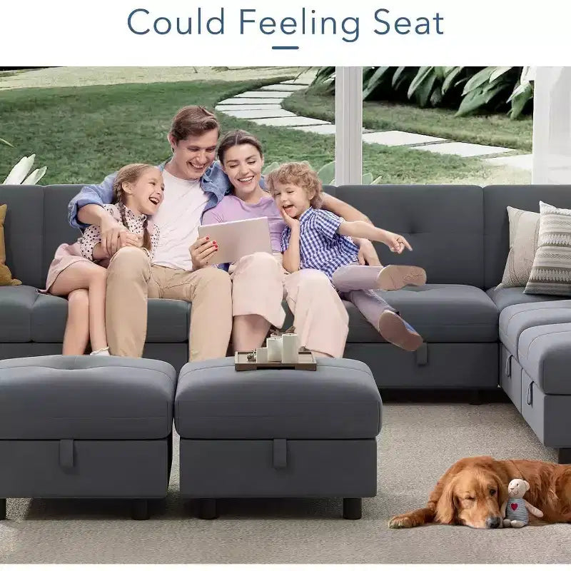 Divano componibile modulare 91, divano sezionale Cloud con 9 sedute profonde, 9 posti con contenitore e chaise longue, divano a U in velluto, per soggiorno, blu