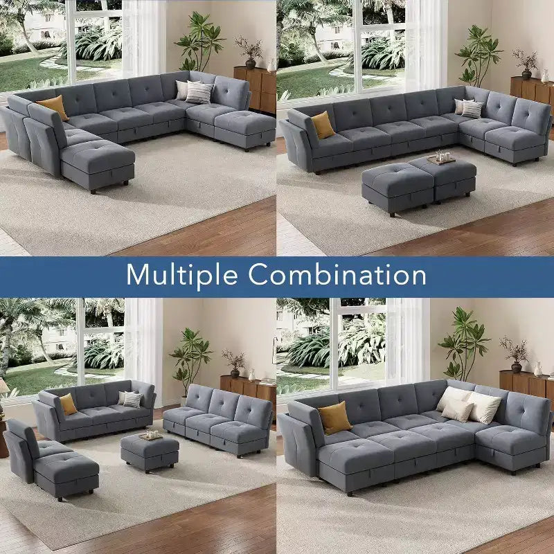 Divano componibile modulare 91, divano sezionale Cloud con 9 sedute profonde, 9 posti con contenitore e chaise longue, divano a U in velluto, per soggiorno, blu