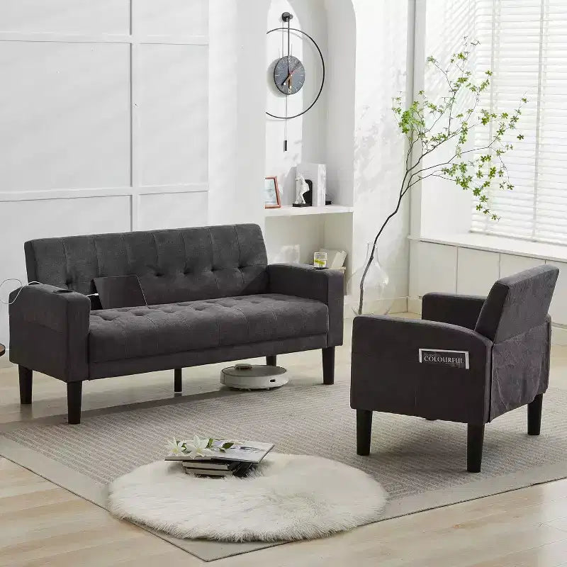 Divano 2 pezzi TYBOATLE, divano moderno rivestito in lino, set 2 pezzi (divanetto e poltrona) con seduta profonda per soggiorno, grigio scuro