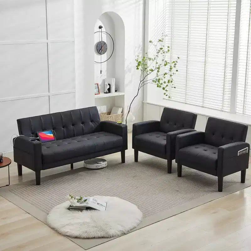 TYBOATLE Divano a 3 Posti, Moderno, Rivestito in Lino, Set da 3 Pezzi (Divanetto e Poltrona) con Sedute Profonde per Soggiorno, Nero