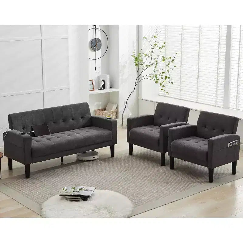 TYBOATLE Divano a 3 posti, Divano moderno imbottito in lino, Set di 2 pezzi (Divanetto e Poltrona) Divano con seduta profonda per soggiorno, Grigio scuro
