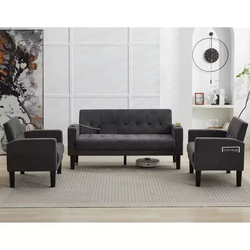 TYBOATLE Divano a 3 posti, Divano moderno imbottito in lino, Set di 2 pezzi (Divanetto e Poltrona) Divano con seduta profonda per soggiorno, Grigio scuro