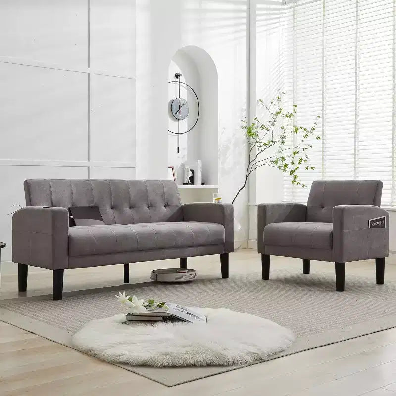 Divano a 2 posti TYBOATLE, divano moderno in lino imbottito, set da 2 pezzi (divanetto e poltrona) con sedute profonde per soggiorno, grigio chiaro
