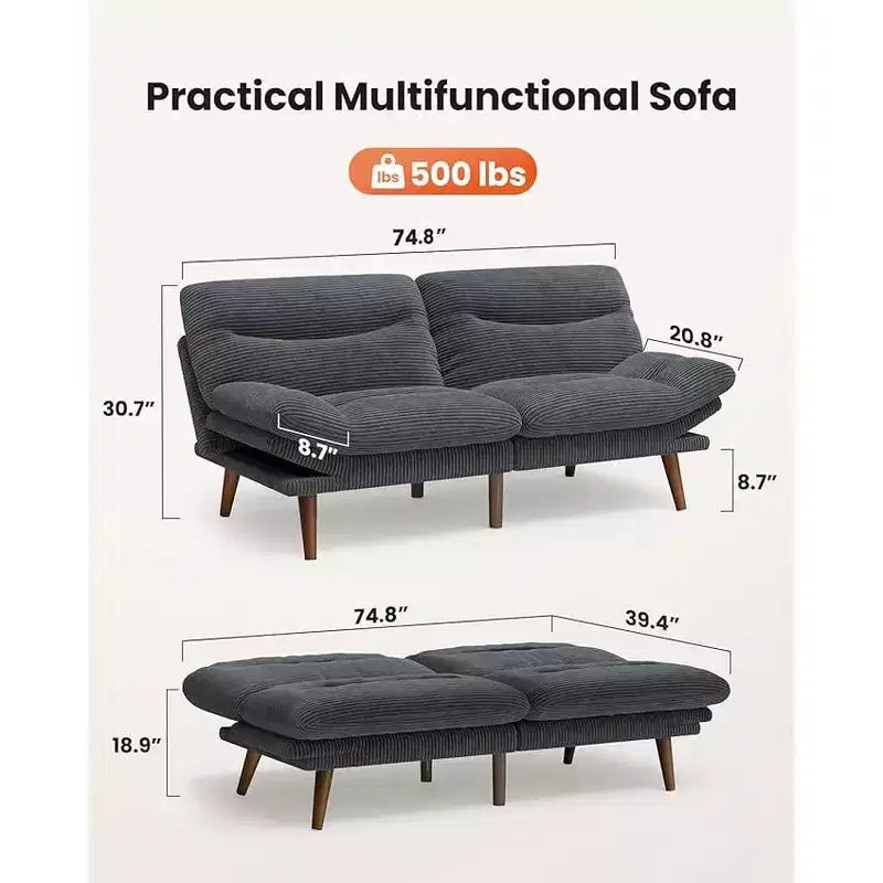 Divano Letto Futon da 75 pollici, Divano Futon 3-in-1 con Schienale e Braccioli Regolabili, Divano Letto Trasformabile in Velluto a Coste