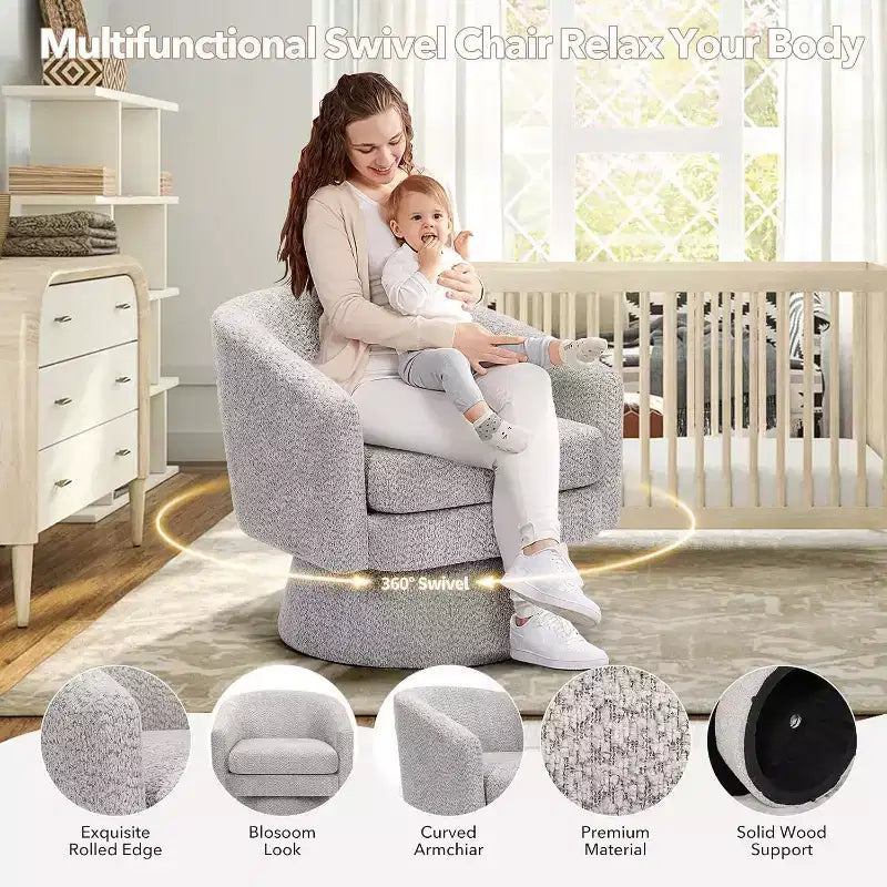 Poltrona girevole a 360° Modern, comoda sedia rotonda in tessuto ciniglia, poltrona singola rotonda con braccioli, per soggiorno