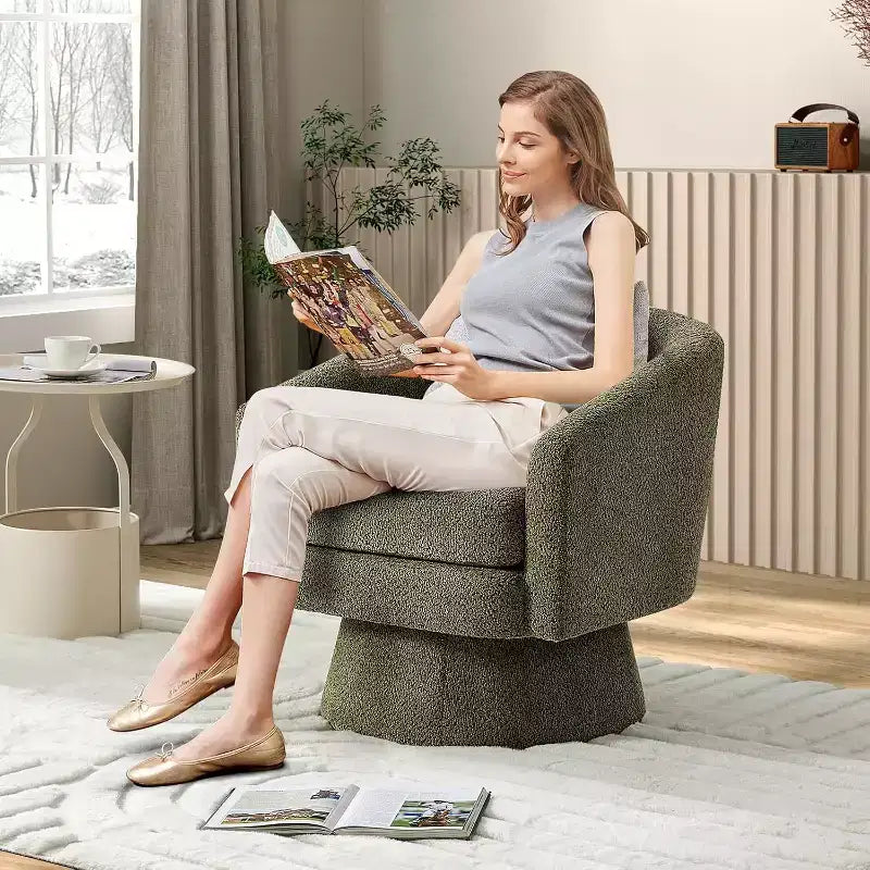 Poltrona girevole a 360° Modern, comoda sedia rotonda in tessuto ciniglia, poltrona singola rotonda con braccioli, per soggiorno