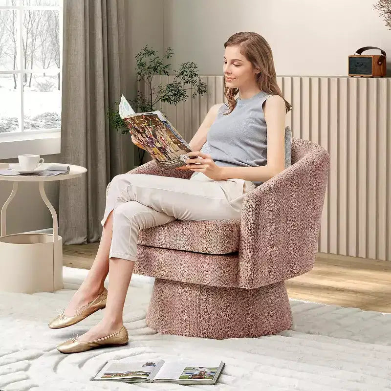 Poltrona girevole a 360° Modern, comoda sedia rotonda in tessuto ciniglia, poltrona singola rotonda con braccioli, per soggiorno
