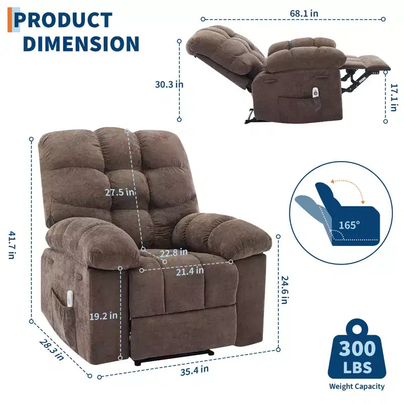 Poltrona Reclinabile Basculante con Funzione Massaggio e Calore, Tessuto Traspirante Ergonomico, 2 Tasche Laterali, per Soggiorno, Camera da Letto