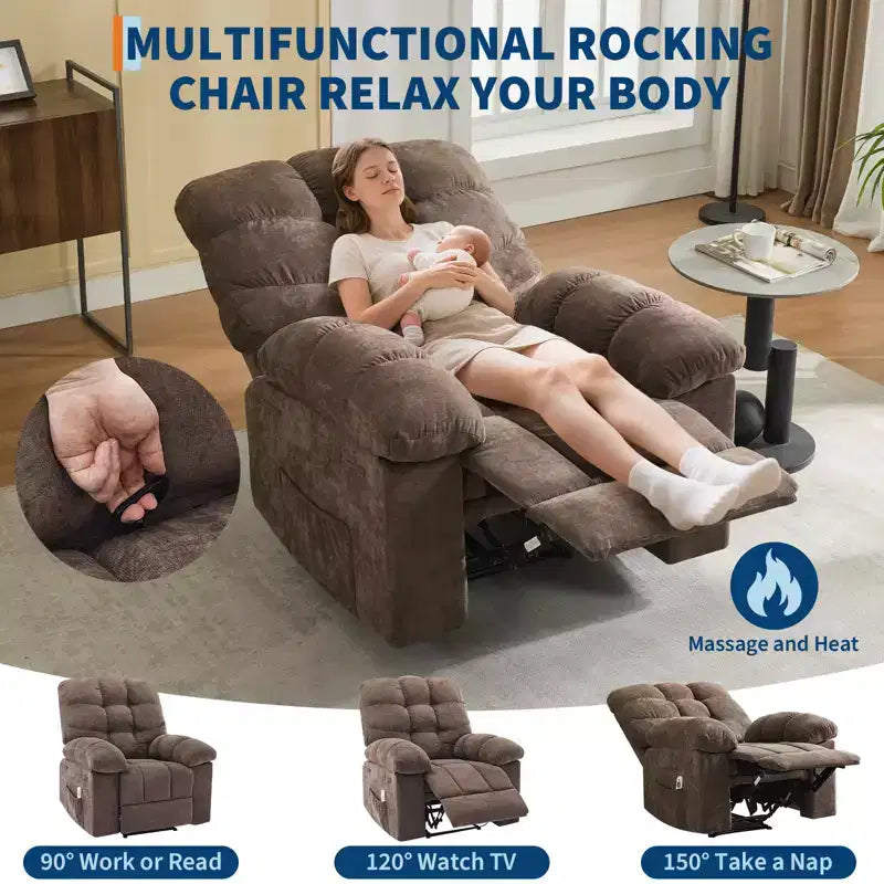 Poltrona Reclinabile Basculante con Funzione Massaggio e Calore, Tessuto Traspirante Ergonomico, 2 Tasche Laterali, per Soggiorno, Camera da Letto