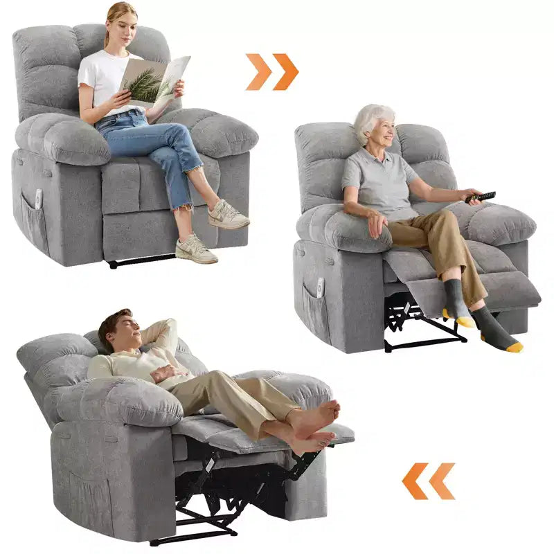 Poltrona Reclinabile Basculante con Funzione Massaggio e Calore, Tessuto Traspirante Ergonomico, 2 Tasche Laterali, per Soggiorno, Camera da Letto