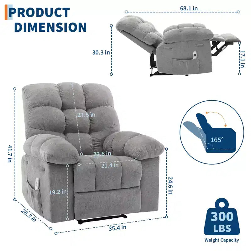 Poltrona Reclinabile Basculante con Funzione Massaggio e Calore, Tessuto Traspirante Ergonomico, 2 Tasche Laterali, per Soggiorno, Camera da Letto