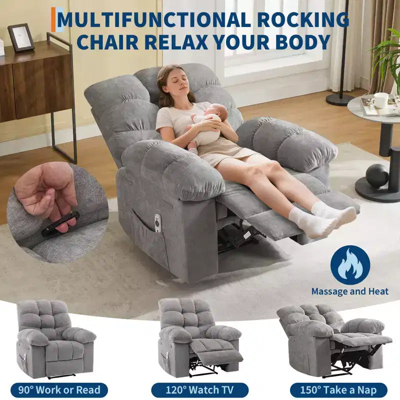 Poltrona Reclinabile Basculante con Funzione Massaggio e Calore, Tessuto Traspirante Ergonomico, 2 Tasche Laterali, per Soggiorno, Camera da Letto