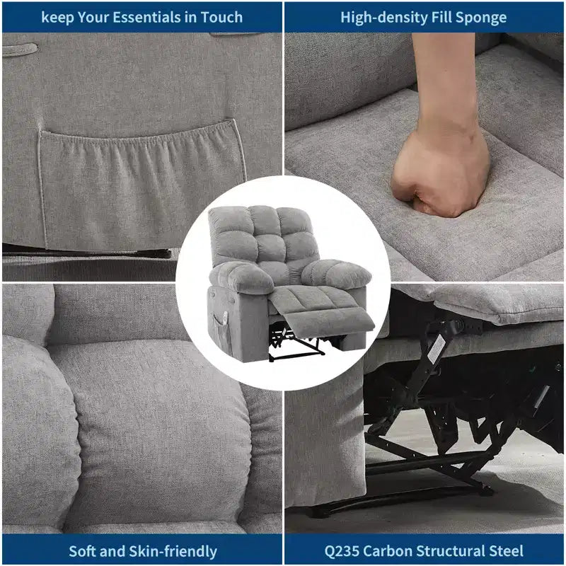 Poltrona Reclinabile Basculante con Funzione Massaggio e Calore, Tessuto Traspirante Ergonomico, 2 Tasche Laterali, per Soggiorno, Camera da Letto