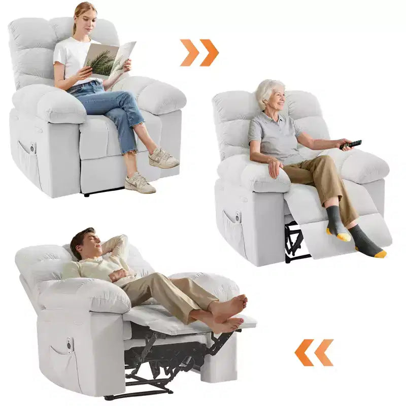 Poltrona Reclinabile Basculante con Funzione Massaggio e Calore, Tessuto Traspirante Ergonomico, 2 Tasche Laterali, per Soggiorno, Camera da Letto