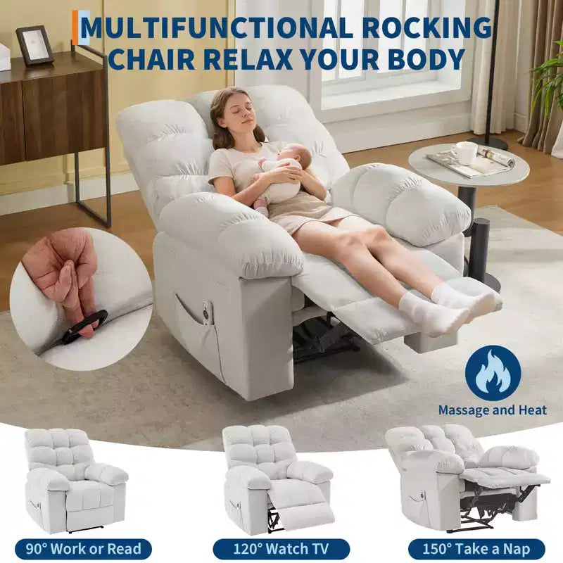 Poltrona Reclinabile Basculante con Funzione Massaggio e Calore, Tessuto Traspirante Ergonomico, 2 Tasche Laterali, per Soggiorno, Camera da Letto