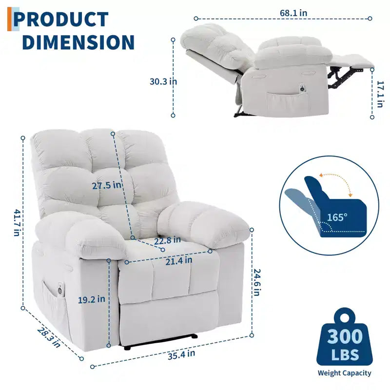 Poltrona Reclinabile Basculante con Funzione Massaggio e Calore, Tessuto Traspirante Ergonomico, 2 Tasche Laterali, per Soggiorno, Camera da Letto