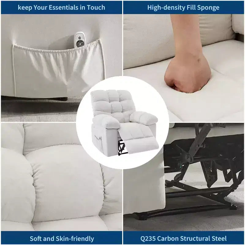 Poltrona Reclinabile Basculante con Funzione Massaggio e Calore, Tessuto Traspirante Ergonomico, 2 Tasche Laterali, per Soggiorno, Camera da Letto