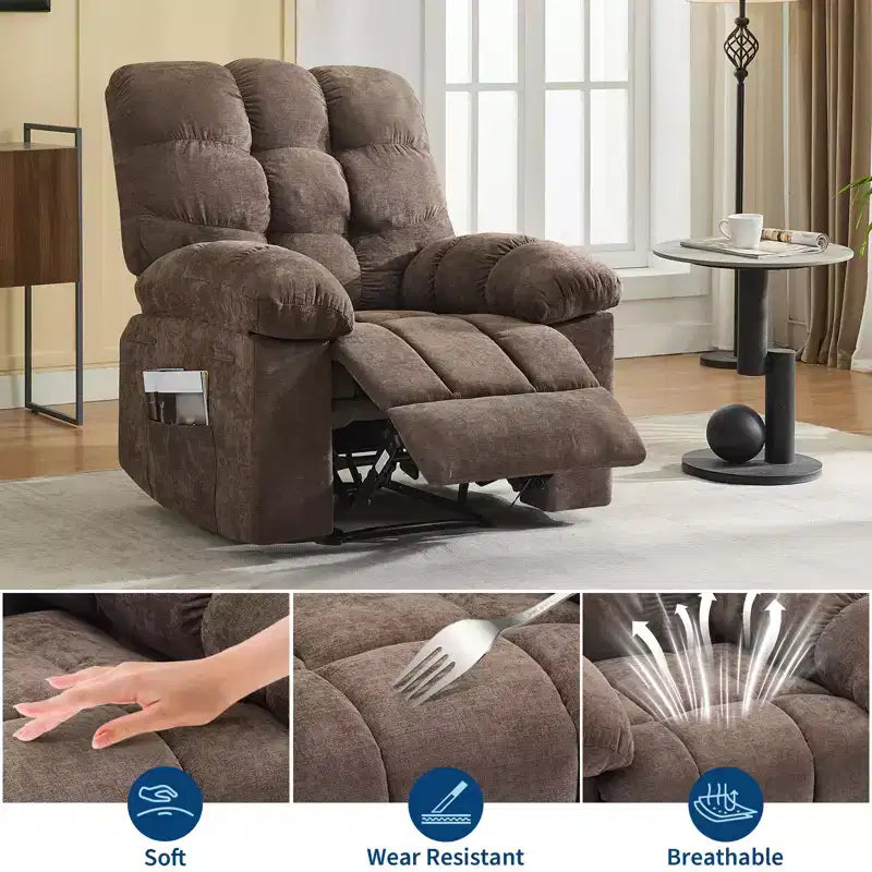 Poltrona Reclinabile Basculante con Funzione Massaggio e Calore, Tessuto Traspirante Ergonomico, 2 Tasche Laterali, per Soggiorno, Camera da Letto