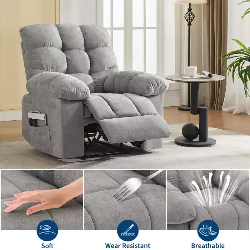 Poltrona Reclinabile Basculante con Funzione Massaggio e Calore, Tessuto Traspirante Ergonomico, 2 Tasche Laterali, per Soggiorno, Camera da Letto