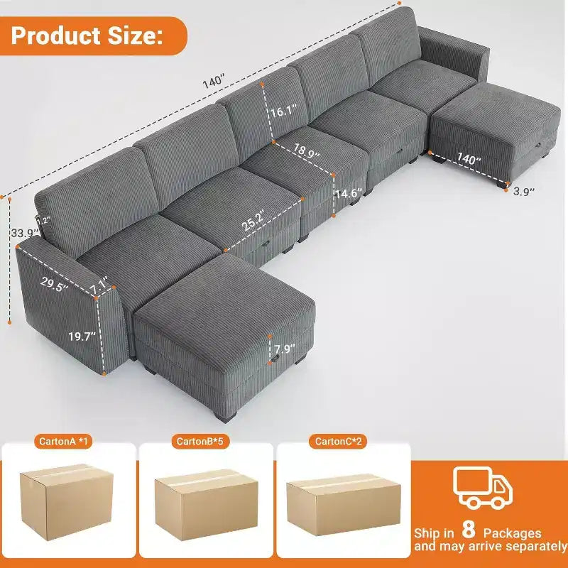 Divano componibile a U grande da 140 pollici con pouf chaise longue, divano modulare convertibile con pouf a 7 posti per soggiorno, ufficio - Grigio