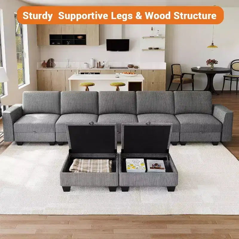 Divano componibile a U grande da 140 pollici con pouf chaise longue, divano modulare convertibile con pouf a 7 posti per soggiorno, ufficio - Grigio