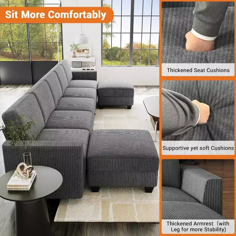 Divano componibile a U grande da 140 pollici con pouf chaise longue, divano modulare convertibile con pouf a 7 posti per soggiorno, ufficio - Grigio