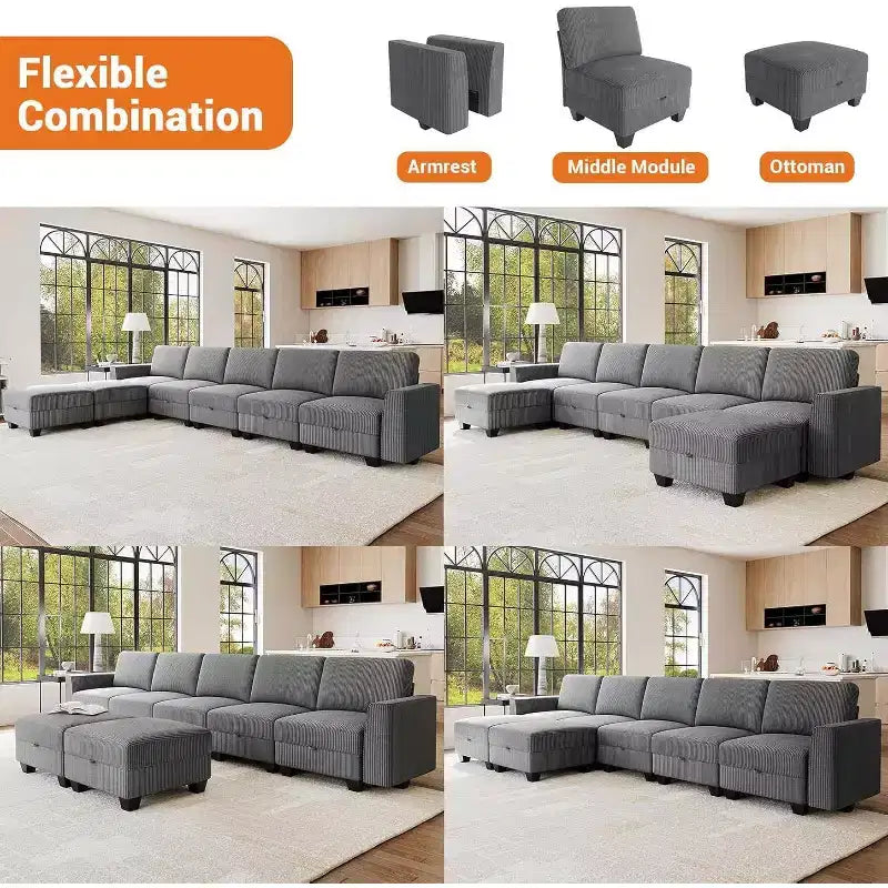 Divano componibile a U grande da 140 pollici con pouf chaise longue, divano modulare convertibile con pouf a 7 posti per soggiorno, ufficio - Grigio