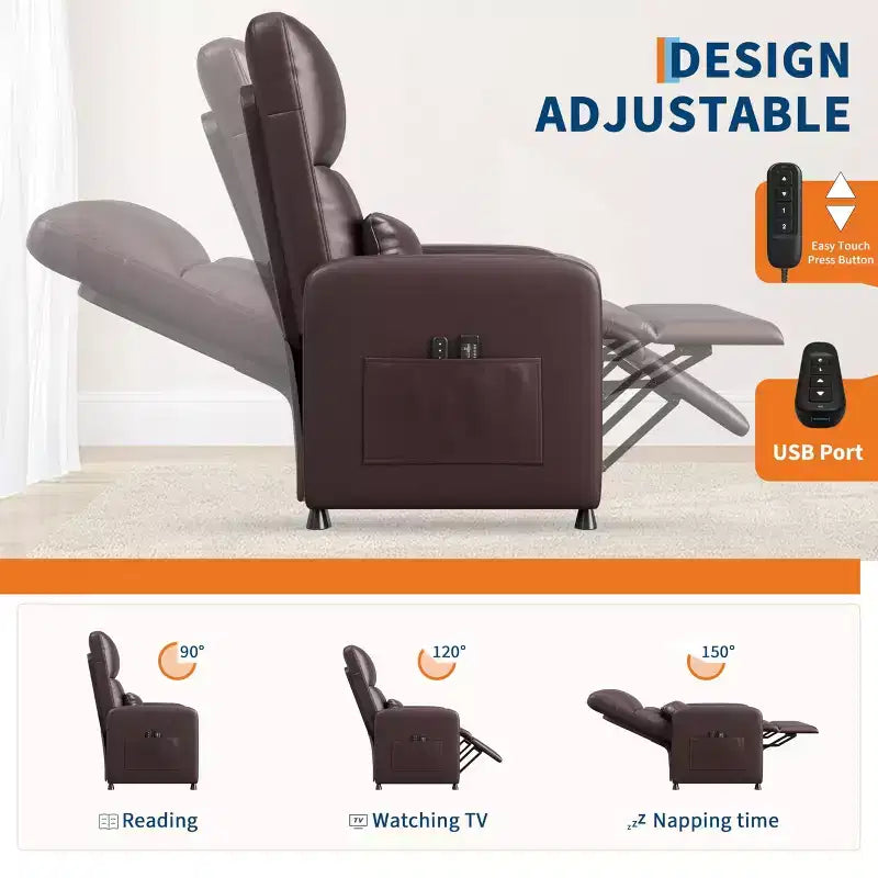 Poltrona Reclinabile Power Lift, Divano Singolo Imbottito in Pelle PU con Schienale Alto e 2 Tasche Laterali, Seduta Regolabile per Home Theater per Soggiorno