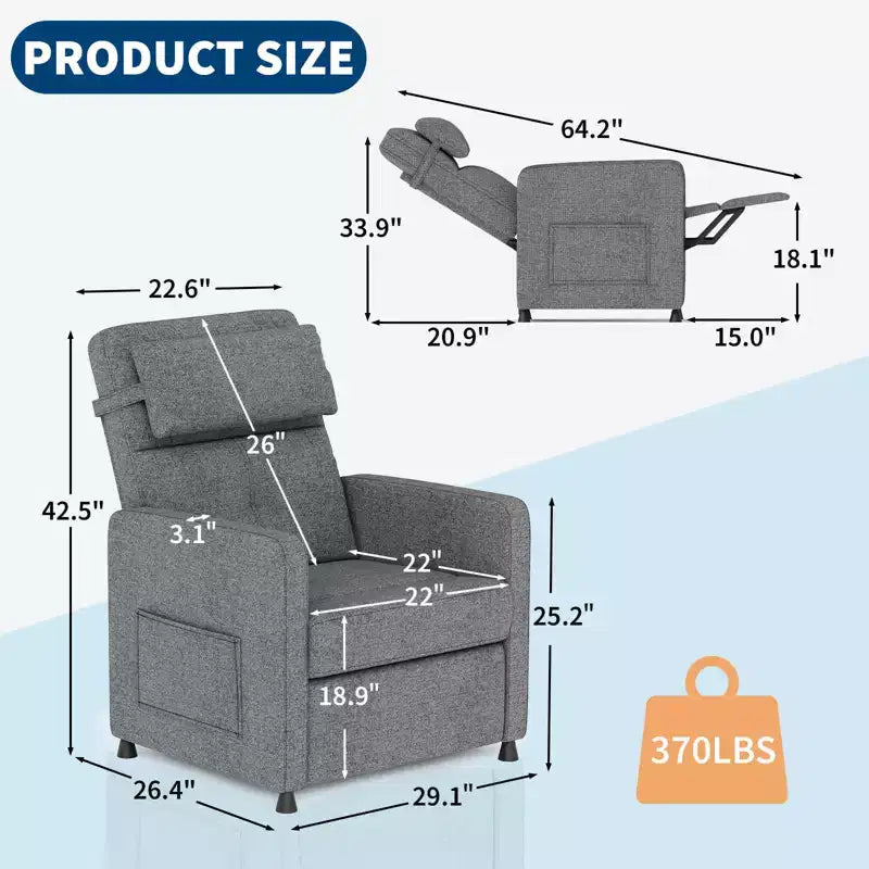 Poltrona Reclinabile Elettrica, Divano Singolo Ergonomico in Lino con Sedile Imbottito e 2 Tasche Laterali, Reclinabile Elettrico Regolabile per Soggiorno, Camera da Letto