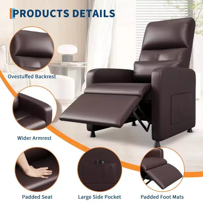 Poltrona reclinabile, reclinabile regolabile ergonomica imbottita, schienale alto, seduta imbottita, 2 tasche laterali, seduta home theater per soggiorno