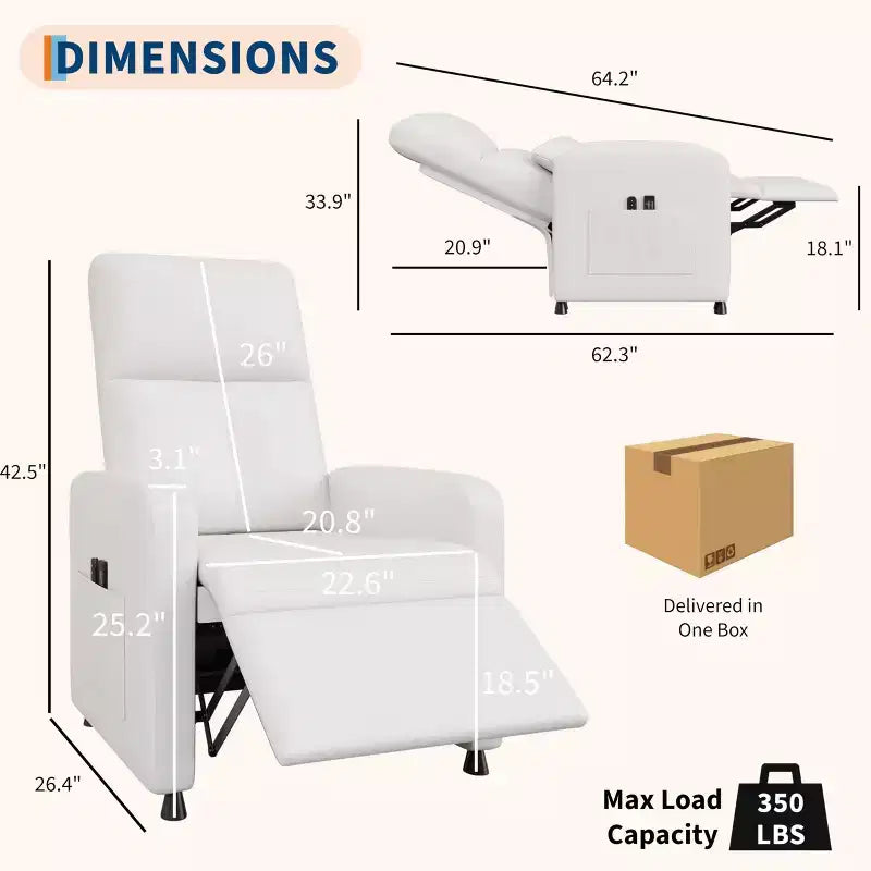 Poltrona reclinabile, reclinabile regolabile ergonomica imbottita, schienale alto, seduta imbottita, 2 tasche laterali, seduta home theater per soggiorno
