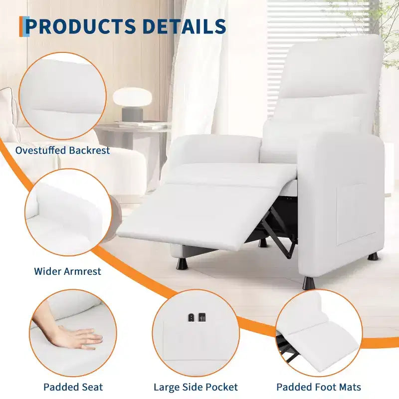 Poltrona reclinabile, reclinabile regolabile ergonomica imbottita, schienale alto, seduta imbottita, 2 tasche laterali, seduta home theater per soggiorno